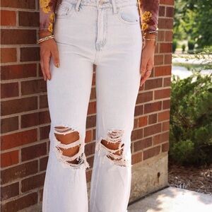 High-Rise Ripped Wide-Leg Jeans in Light Wash White